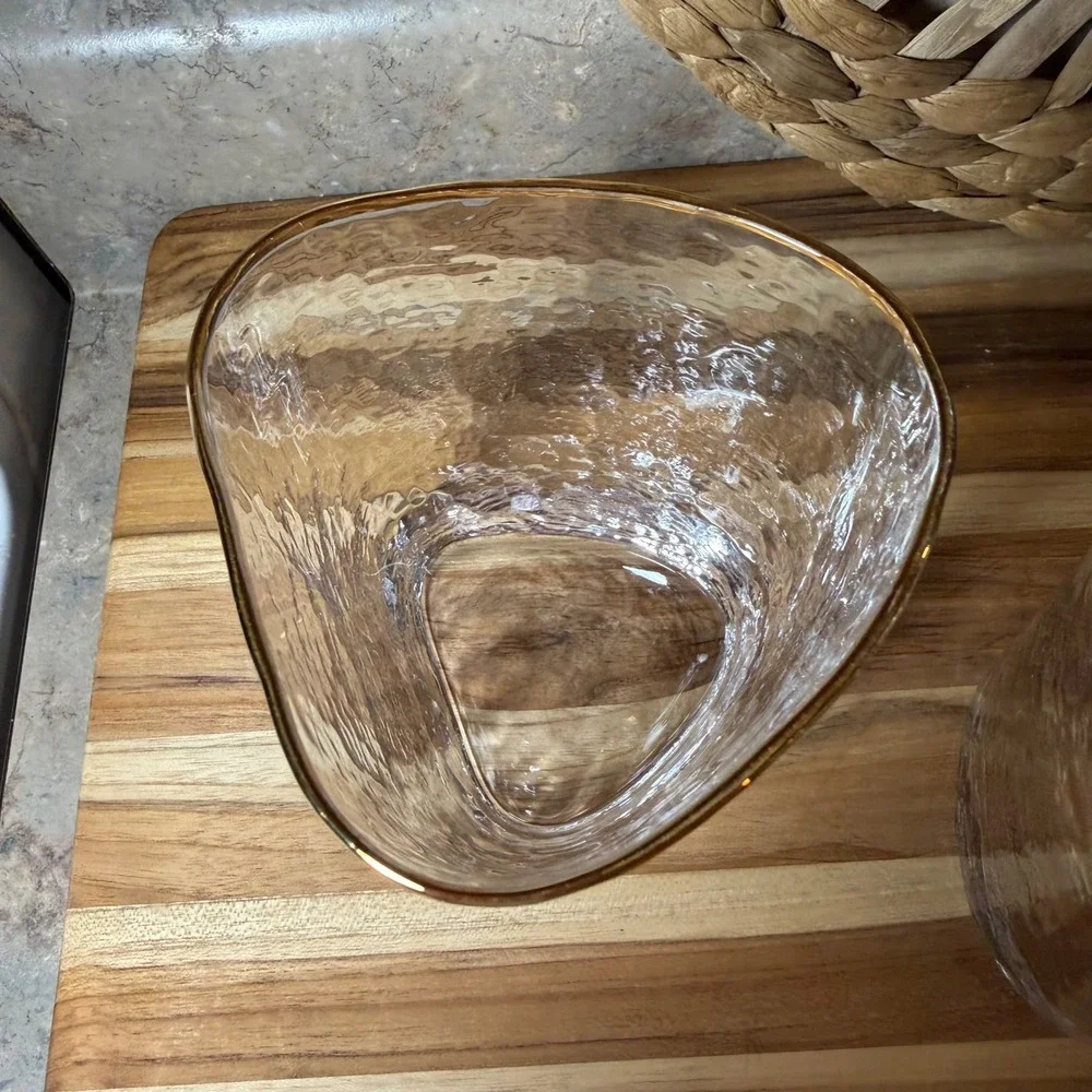 Vintage Hammered Gold Rim Triangular Whiskey Glasses Set of 2 Rocks Glass Clear